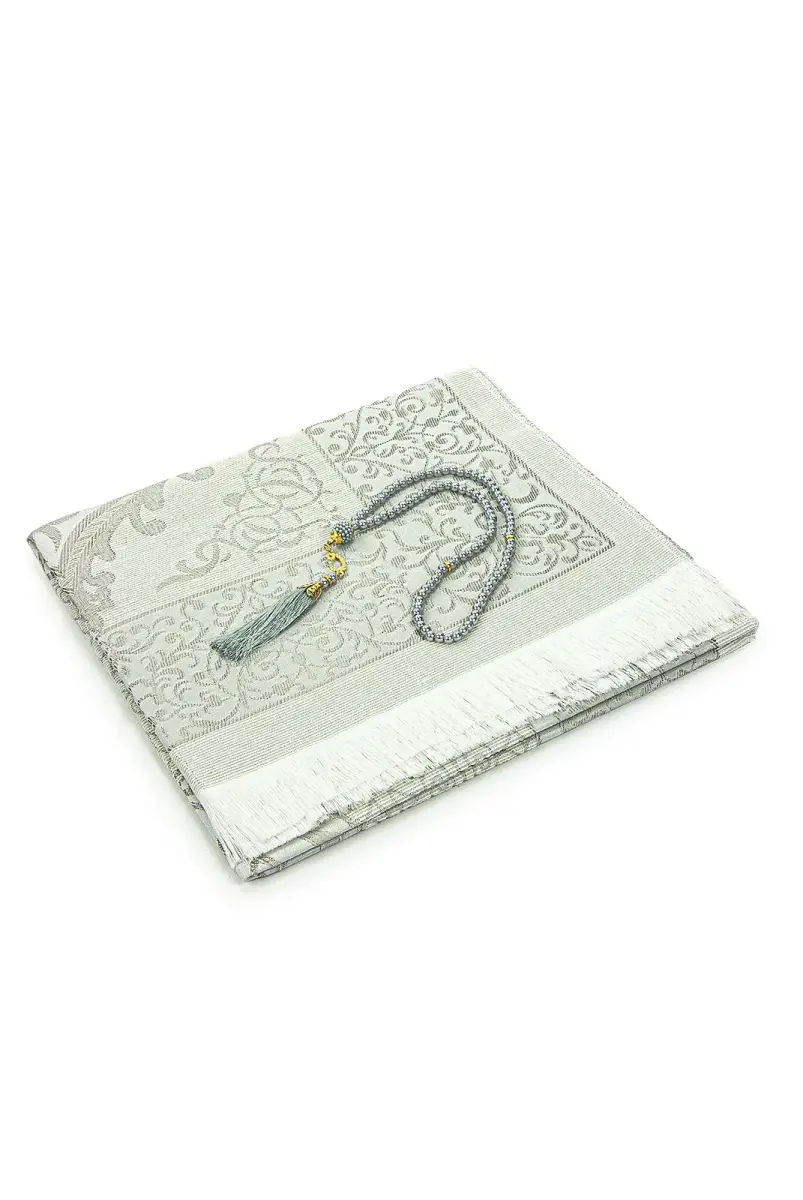 Gift Boxed Dowry Prayer Rug Set with Pearl Prayer Beads, Suitable for the Bride and Groom's Package, Gray - 2