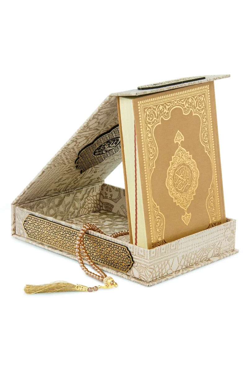 Gold Antik Taşlama Plaketli Kuranı Kerim ve Tesbih Kutusu - Bej - 6