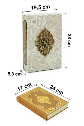 Gold Antik Taşlama Plaketli Kuranı Kerim ve Tesbih Kutusu - Bej - 10