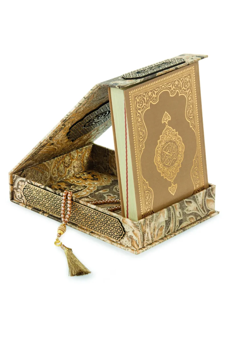 Gold Antik Taşlama Plaketli Kuranı Kerim ve Tesbih Kutusu - Kahverengi - 6
