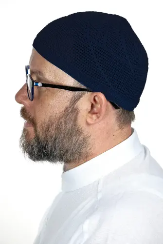 Gold Luxury Lace Knitted Prayer Cap Navy Blue 1 Piece - İhvan (1)