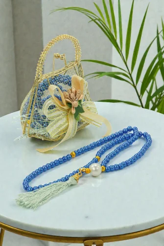 Gold Mini Çantalı İnci Tesbihli Mevlüt Hediye Seti - Lacivert 