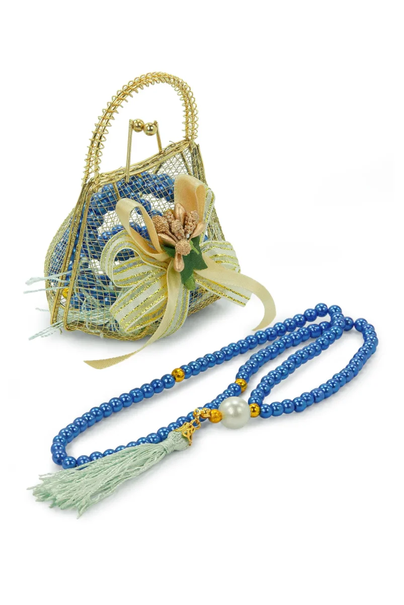 Gold Mini Çantalı İnci Tesbihli Mevlüt Hediye Seti - Lacivert - 2