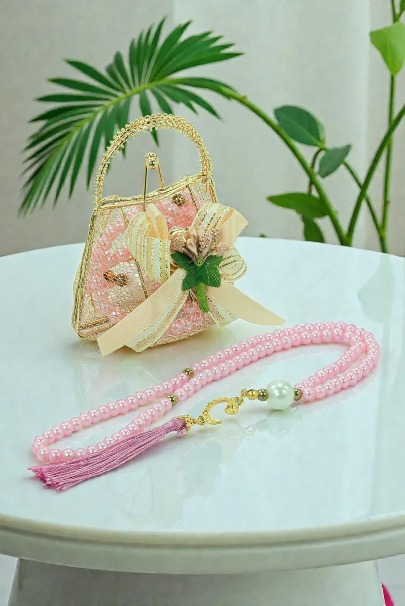 Gold Mini Çantalı İnci Tesbihli Mevlüt Hediye Seti - Pembe - 1