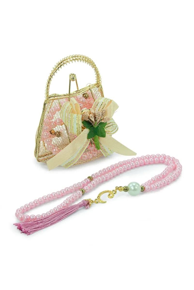 Gold Mini Çantalı İnci Tesbihli Mevlüt Hediye Seti - Pembe - 2