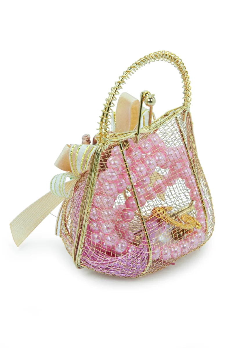 Gold Mini Çantalı İnci Tesbihli Mevlüt Hediye Seti - Pembe - 3