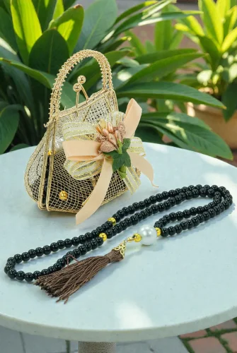 Gold Mini Çantalı İnci Tesbihli Mevlüt Hediye Seti - Siyah 
