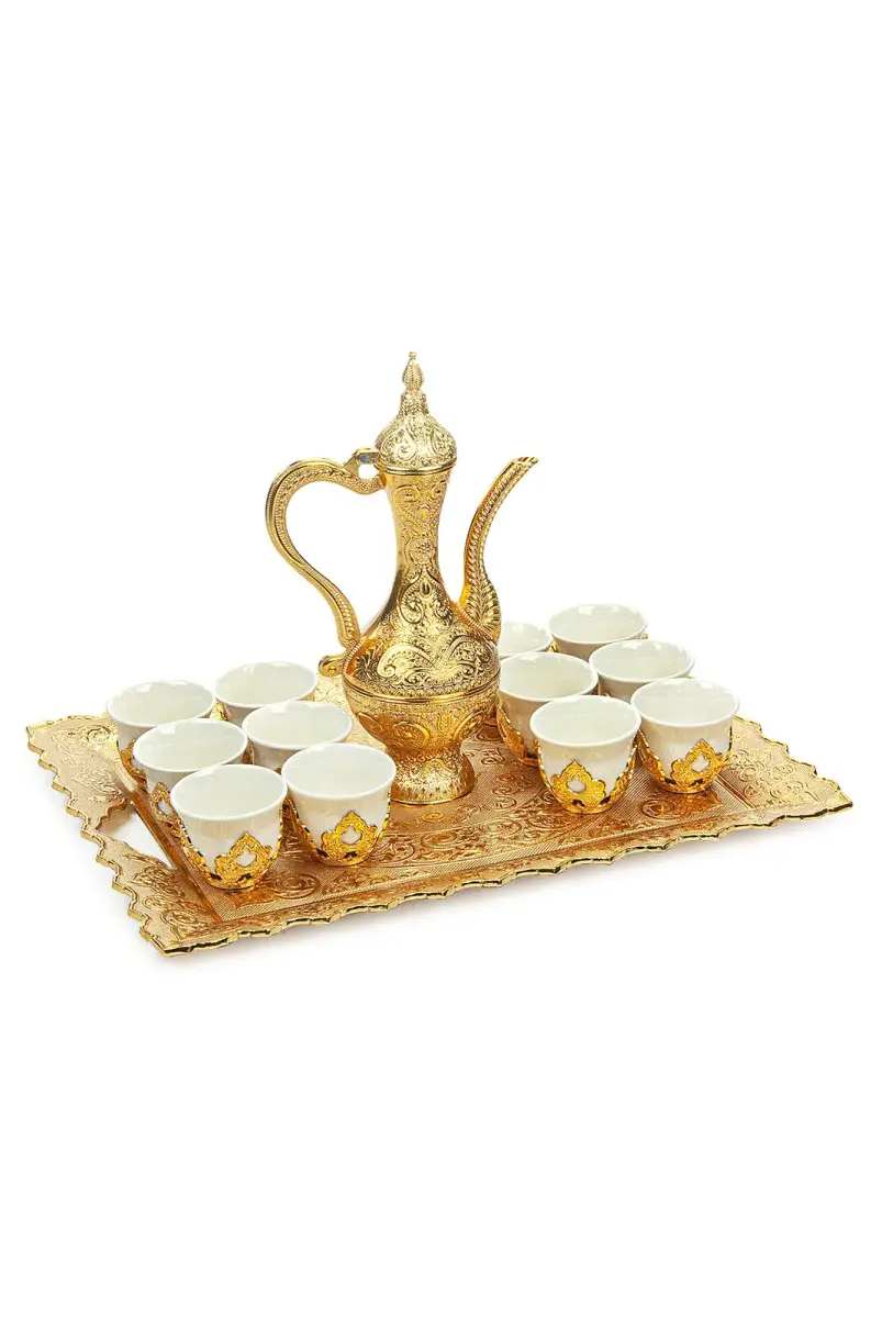 Gold Renk 12 Kişilik Tepsili Sürahili Porselen Fincan Zemzem Takımı Seti - 1