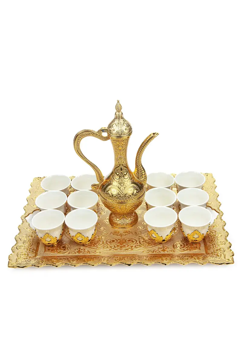 Gold Renk 12 Kişilik Tepsili Sürahili Porselen Fincan Zemzem Takımı Seti - 2