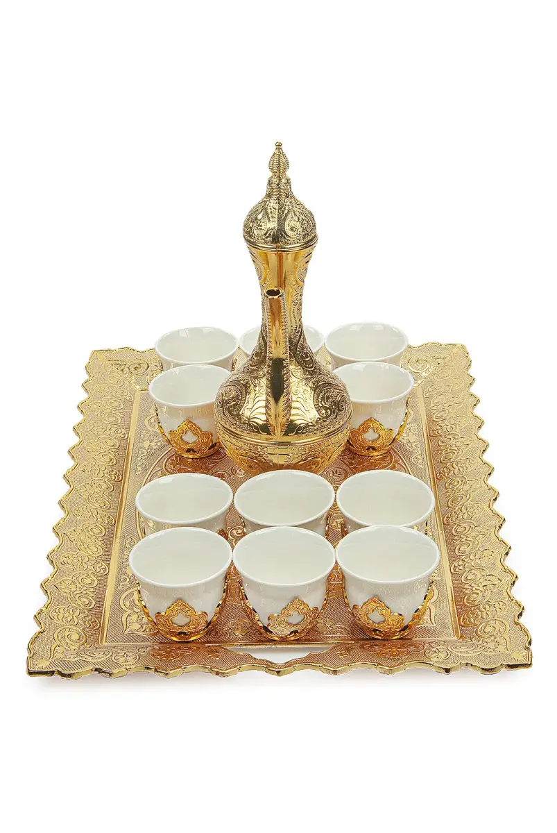 Gold Renk 12 Kişilik Tepsili Sürahili Porselen Fincan Zemzem Takımı Seti - 3