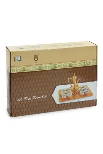 Gold Renk 12 Kişilik Tepsili Sürahili Porselen Fincan Zemzem Takımı Seti - 7