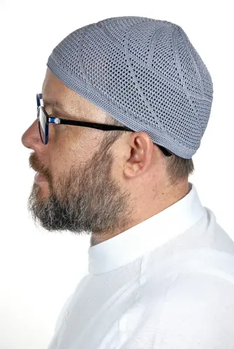 Gold Luxury Lace Knitted Prayer Cap Light Gray 1 Piece - İhvan (1)