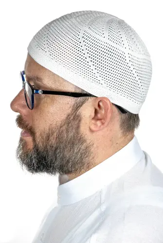 Gold Luxury Lace Knitted Prayer Cap White 1 Piece - İhvan (1)