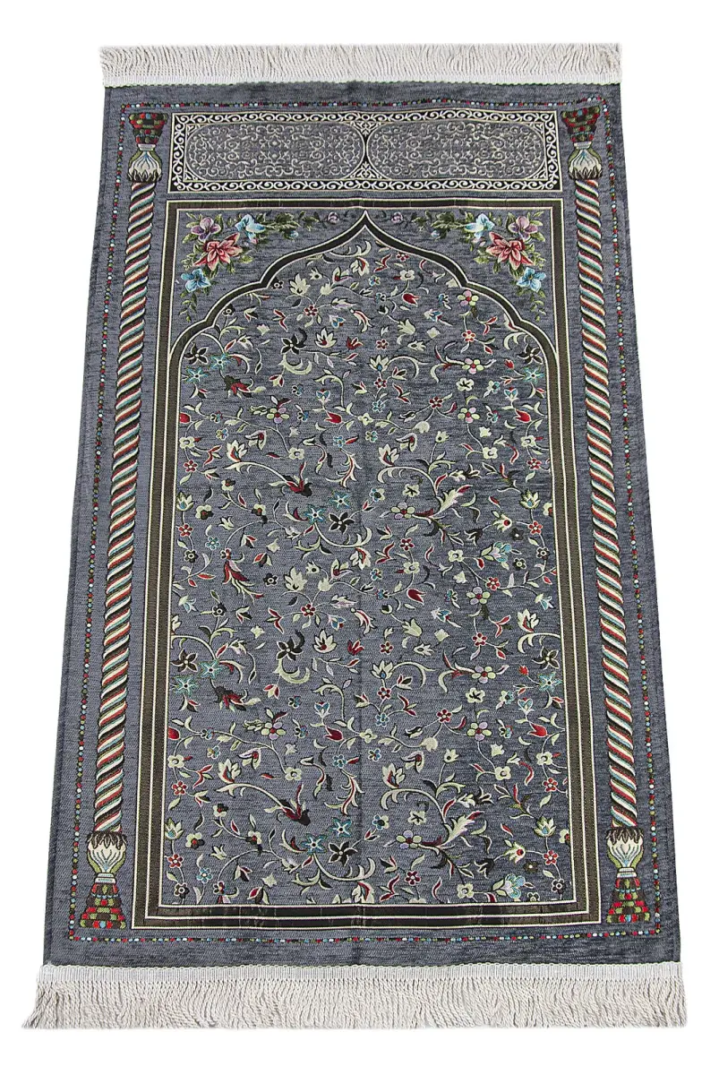 Gray Floral Ravza Patterned Lined Chenille Prayer Rug - 1