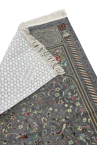 Gray Floral Ravza Patterned Lined Chenille Prayer Rug - 2