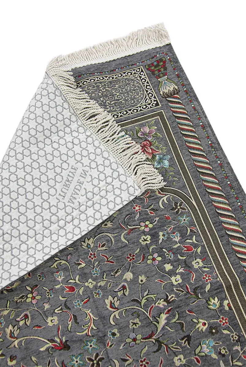 Gray Floral Ravza Patterned Lined Chenille Prayer Rug - 2