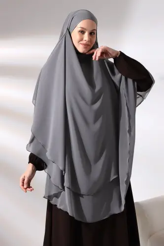 Gray Three Layer Veiled Long Chiffon Hijab Soufflé Scarf - 3