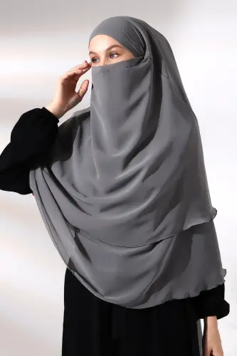 Gray Three Layer Veiled Short Chiffon Hijab Soufflé Scarf - ihvanonline (1)
