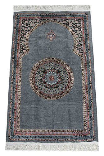 Gray Traditional Motif Knitted Fringed Mihrab Lined Chenille Prayer Rug - 1