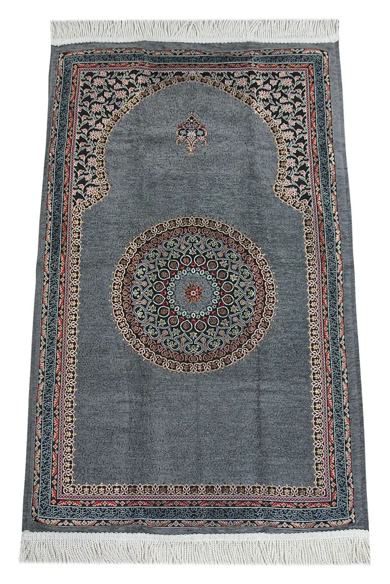 Gray Traditional Motif Knitted Fringed Mihrab Lined Chenille Prayer Rug - 1
