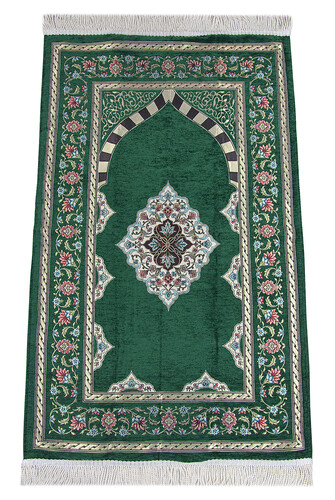 Green Flower Motifed Mihrab Lined Chenille Prayer Rug - 1