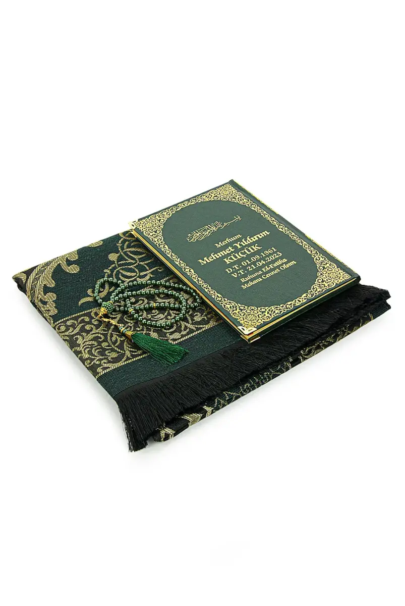 Green Name Printed Leather Bound Medium Size Yasin Book Prayer Mat Set Mevlit Gift - 4