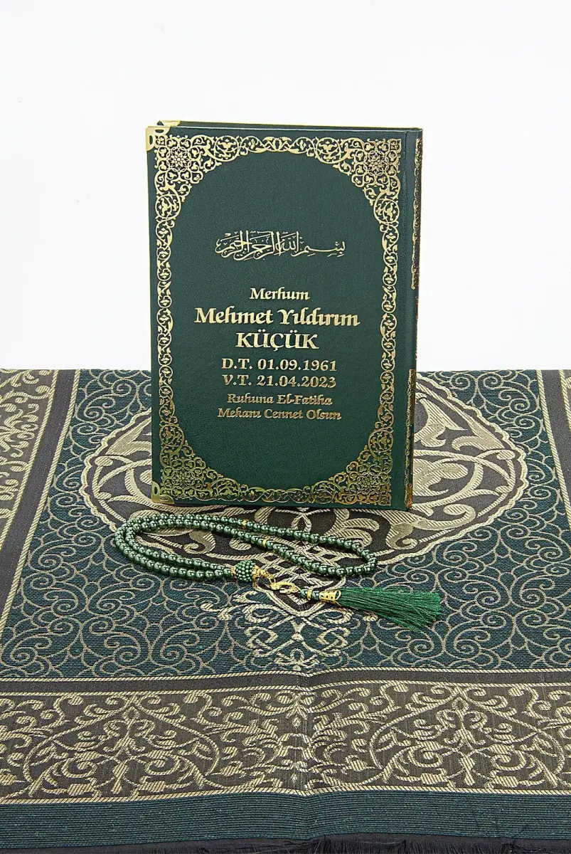 Green Name Printed Leather Bound Medium Size Yasin Book Prayer Mat Set Mevlit Gift - 3