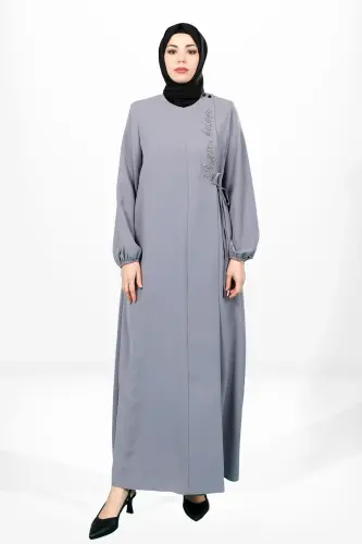 Gri A Kesim Yandan Bağlamalı Kolu Lastikli Tesettür Ferace 3906 - Beyza (1)