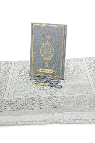 Gri Çeyizlik Seccade Seti Gelin Bohçasına Uygun Dini Hediyelik İsme Özel Yasin Kitabı - 4