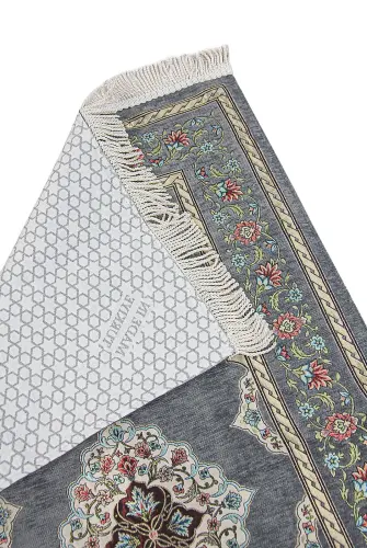 Gri Çiçek Motifli Mihraplı Astarlı Şönil Seccade - ihvanonline (1)