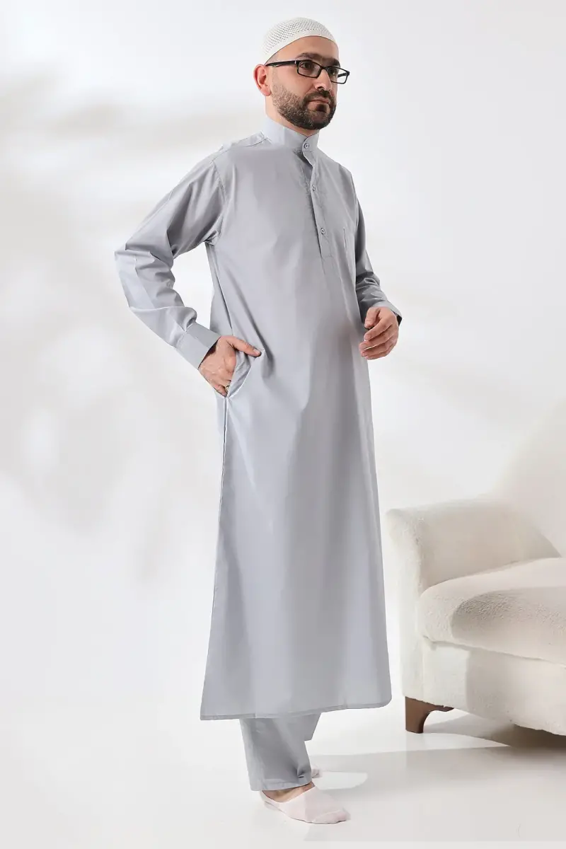 Gri Çınar Dagron Kumaş Erkek Hac Umre Kıyafeti Fistan Takımı - 6