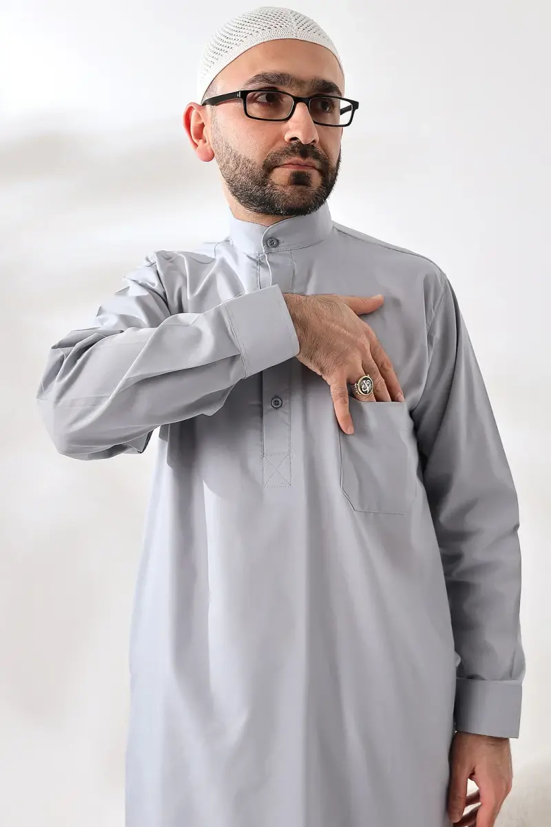 Gri Çınar Dagron Kumaş Erkek Hac Umre Kıyafeti Fistan Takımı - 4