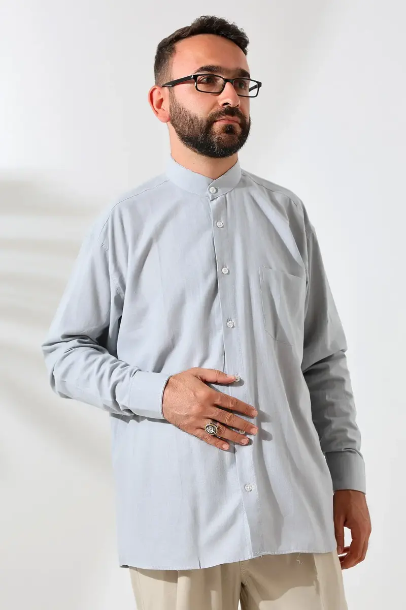 Gri Erkek Bol Kesim Tek Cepli Hakim Yaka Hac ve Umre Keten Gömlek - 2