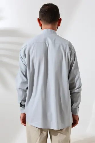 Gri Erkek Bol Kesim Tek Cepli Hakim Yaka Hac ve Umre Keten Gömlek - 7