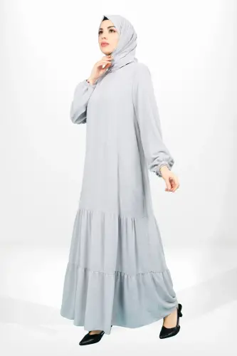 Gri Eteği İki Kat Fırfırlı Astarlı Şifon Tesettür Elbise 5601-25 - 1