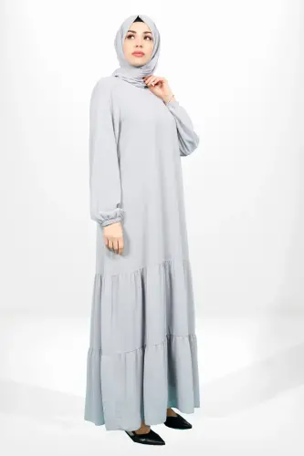Gri Eteği İki Kat Fırfırlı Astarlı Şifon Tesettür Elbise 5601-25 - Beyza (1)