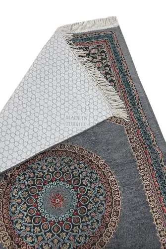 Gri Geleneksel Motifli Örgü Saçaklı Mihraplı Astarlı Şönil Seccade - ihvanonline (1)