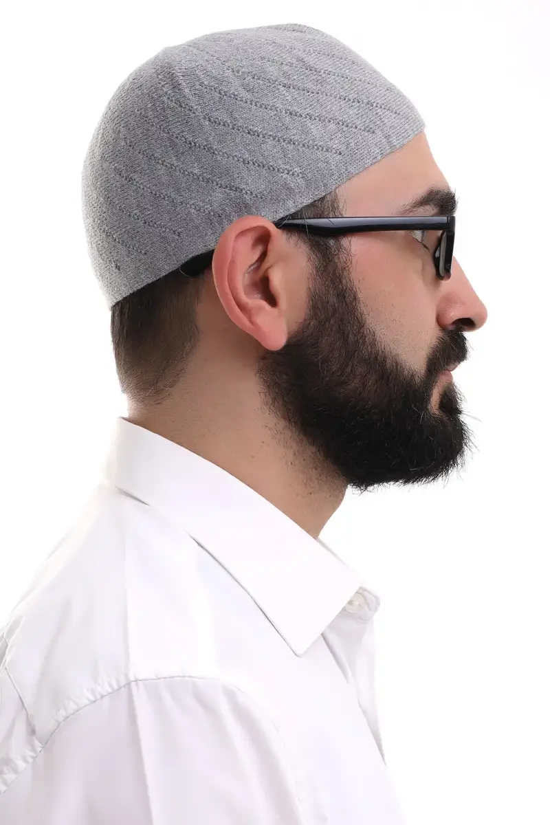 Gri Kışlık Çapraz Desenli Dokuma Takke - 5