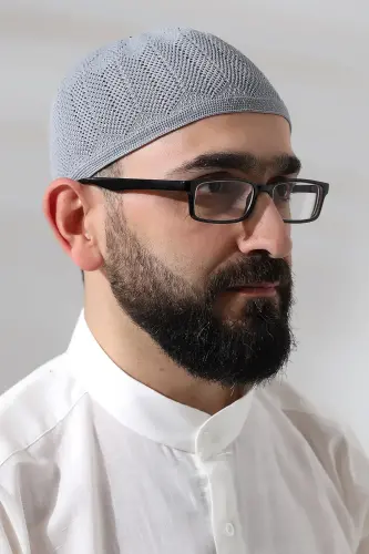 Gri Safir Dantel Detaylı Örme Namaz Takkesi - ihvanonline (1)