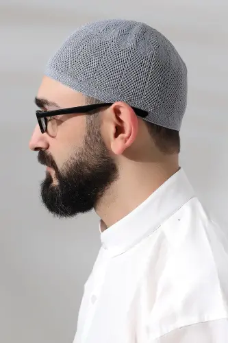 Gri Safir Dantel Detaylı Örme Namaz Takkesi - 3