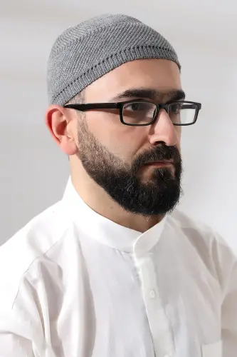 Gri Süper Namaz Dantel Detaylı Örme Orlon Namaz Takkesi - ihvanonline (1)