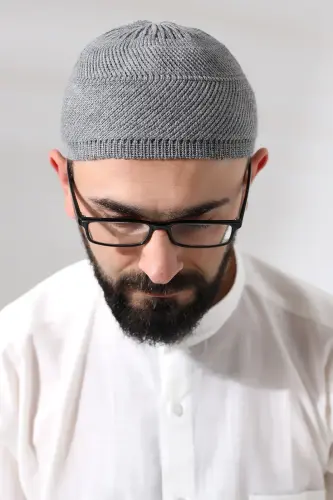 Gri Süper Namaz Dantel Detaylı Örme Orlon Namaz Takkesi - 4