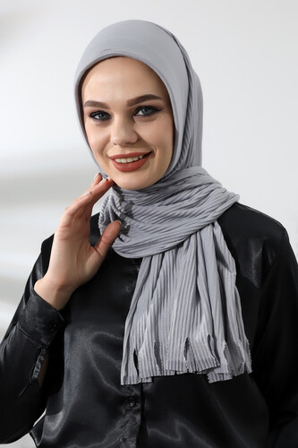 Gri Tesettür Hazır Pratik Fitilli Pamuklu Şal 