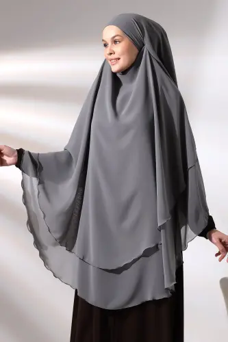 Gri Üç Katlı Peçeli Uzun Şifon Tesettür Sufle Eşarp - ihvanonline (1)