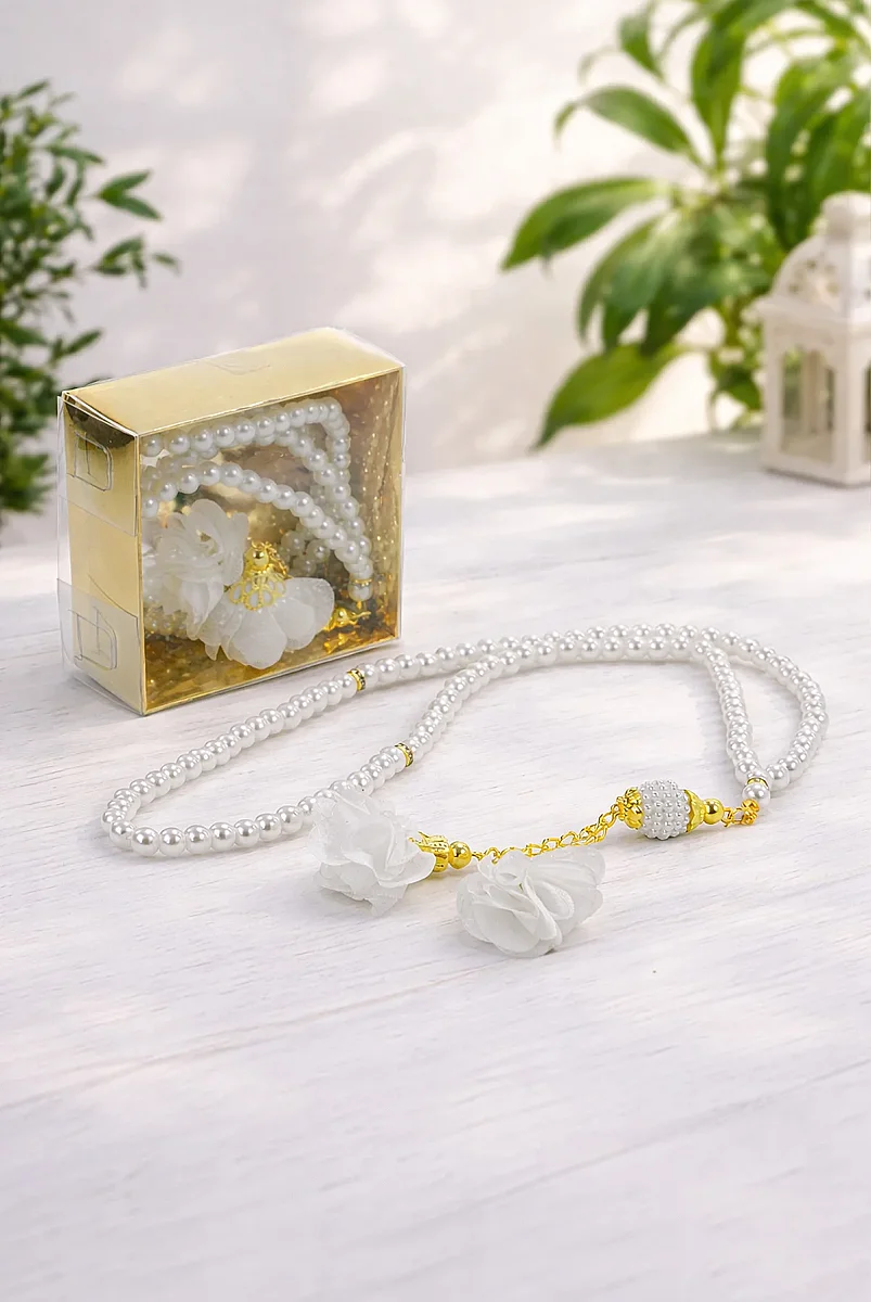 Güllü İnci Görünümlü Tesbih - Kutulu - Hac, Umre , Mevlüd Hediyeliği - Beyaz - 1