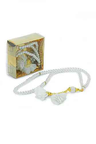 Güllü İnci Görünümlü Tesbih - Kutulu - Hac, Umre , Mevlüd Hediyeliği - Beyaz - 3