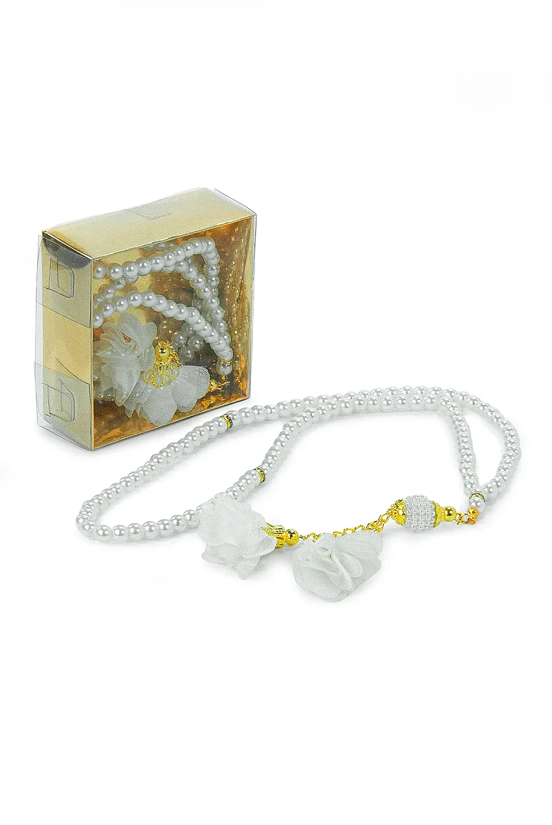 Güllü İnci Görünümlü Tesbih - Kutulu - Hac, Umre , Mevlüd Hediyeliği - Beyaz - 3