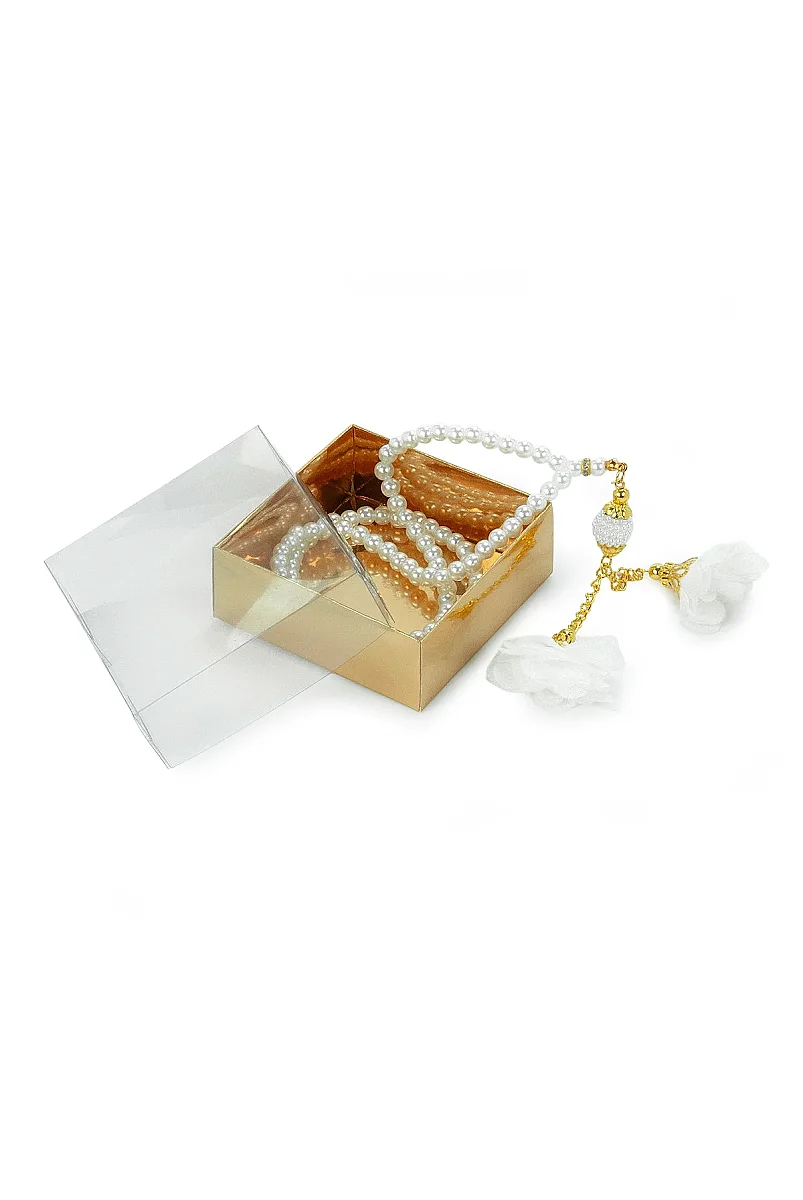 Güllü İnci Görünümlü Tesbih - Kutulu - Hac, Umre , Mevlüd Hediyeliği - Beyaz - 5