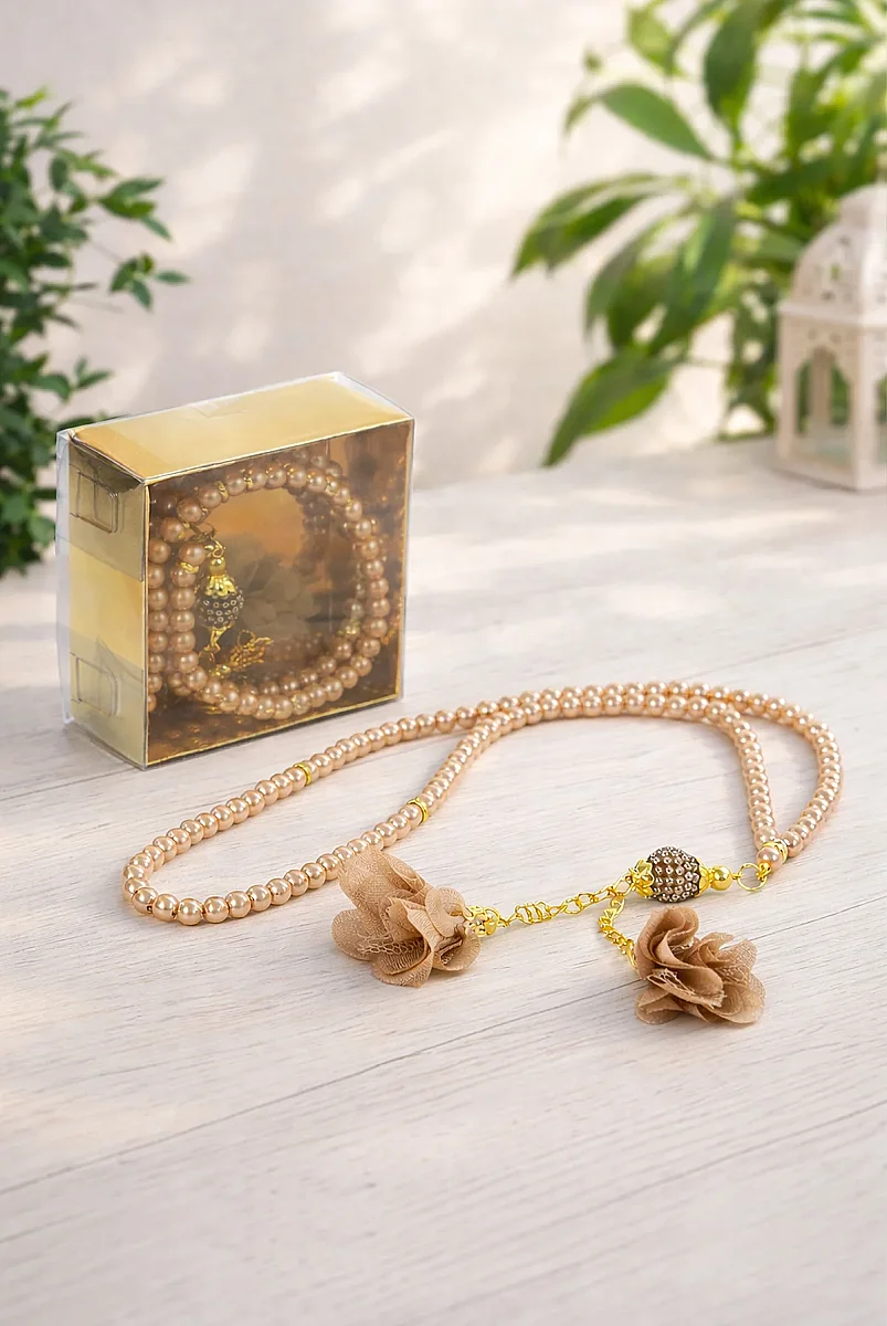 Güllü İnci Görünümlü Tesbih - Kutulu - Hac, Umre , Mevlüd Hediyeliği - Gold - 1
