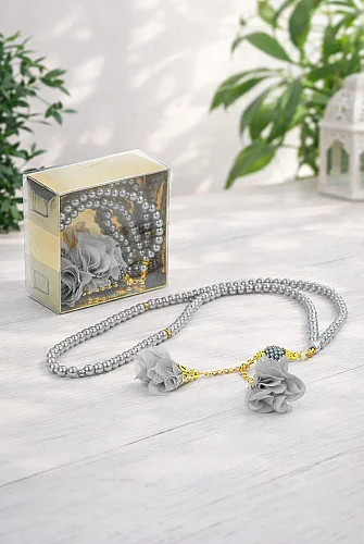 Güllü İnci Görünümlü Tesbih - Kutulu - Hac, Umre , Mevlüd Hediyeliği - Gri 